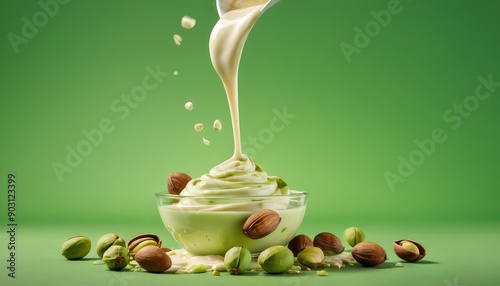 Wallpaper Mural A creamy pistachio delight with whole pistachios artistically placed on top, set against a matching green background for a harmonious presentation Torontodigital.ca