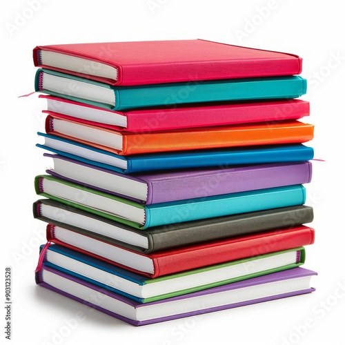 Medium shot of solid color book stack, isolated on a white background, bright and vivid tonality 