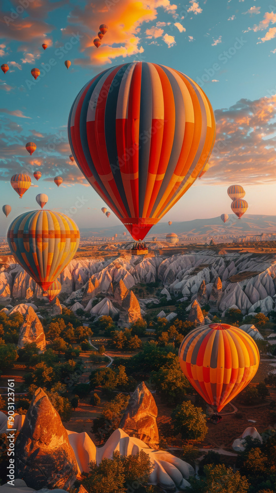 Fototapeta premium Colorful hot air balloons before launch in Goreme national park, Cappadocia, Turkey