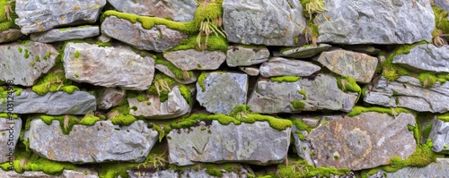 Rustic stone wall with moss growth, natural texture, earthy background