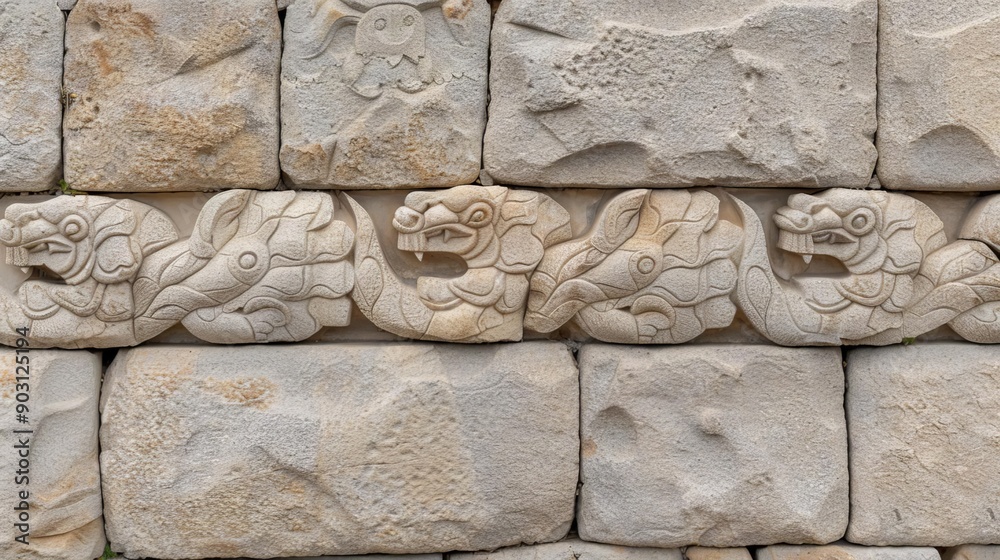 Obraz premium Smooth stone wall with intricate carvings, detailed texture, cultural heritage