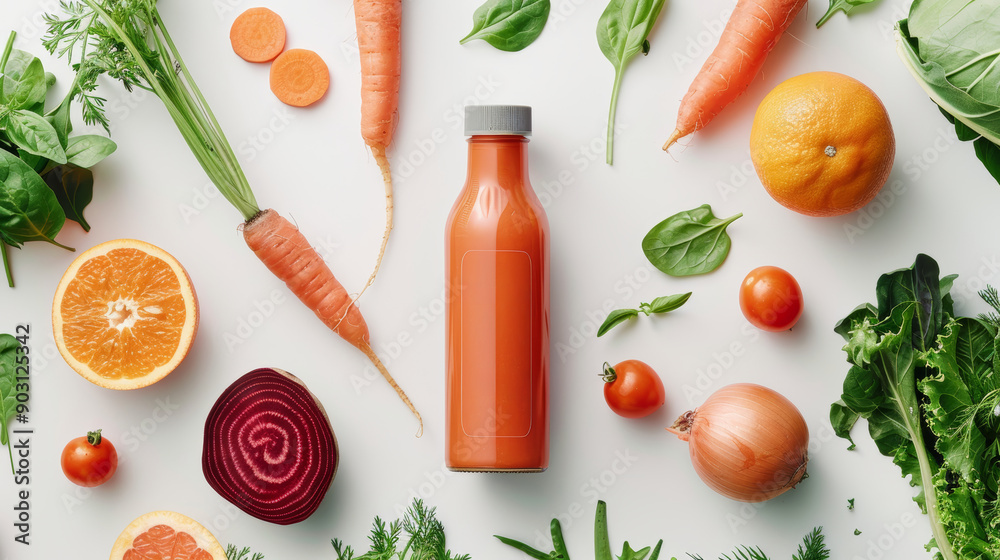 Modern Vegetable Juice Bottle with Carrot, Beetroot, Spinach Blend and Fresh Vegetables Arrangement Modern Vegetable Juice Bottle with Carrot, Beetroot, Spinach Blend and Fresh Vegetables Arrangement