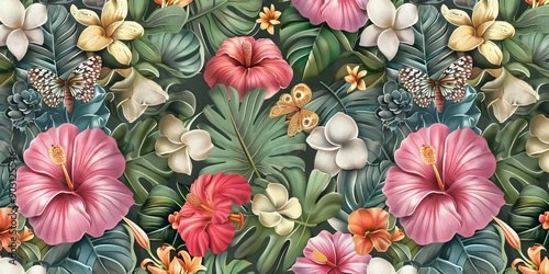 Floral seamless pattern with tropical flowers bouquets, plumeria, protea, hibiscus, glasswinged butterflies, fresh foliage, exotic leaves. Hand-drawn vintage 3D illustration. luxury, Generative AI photo