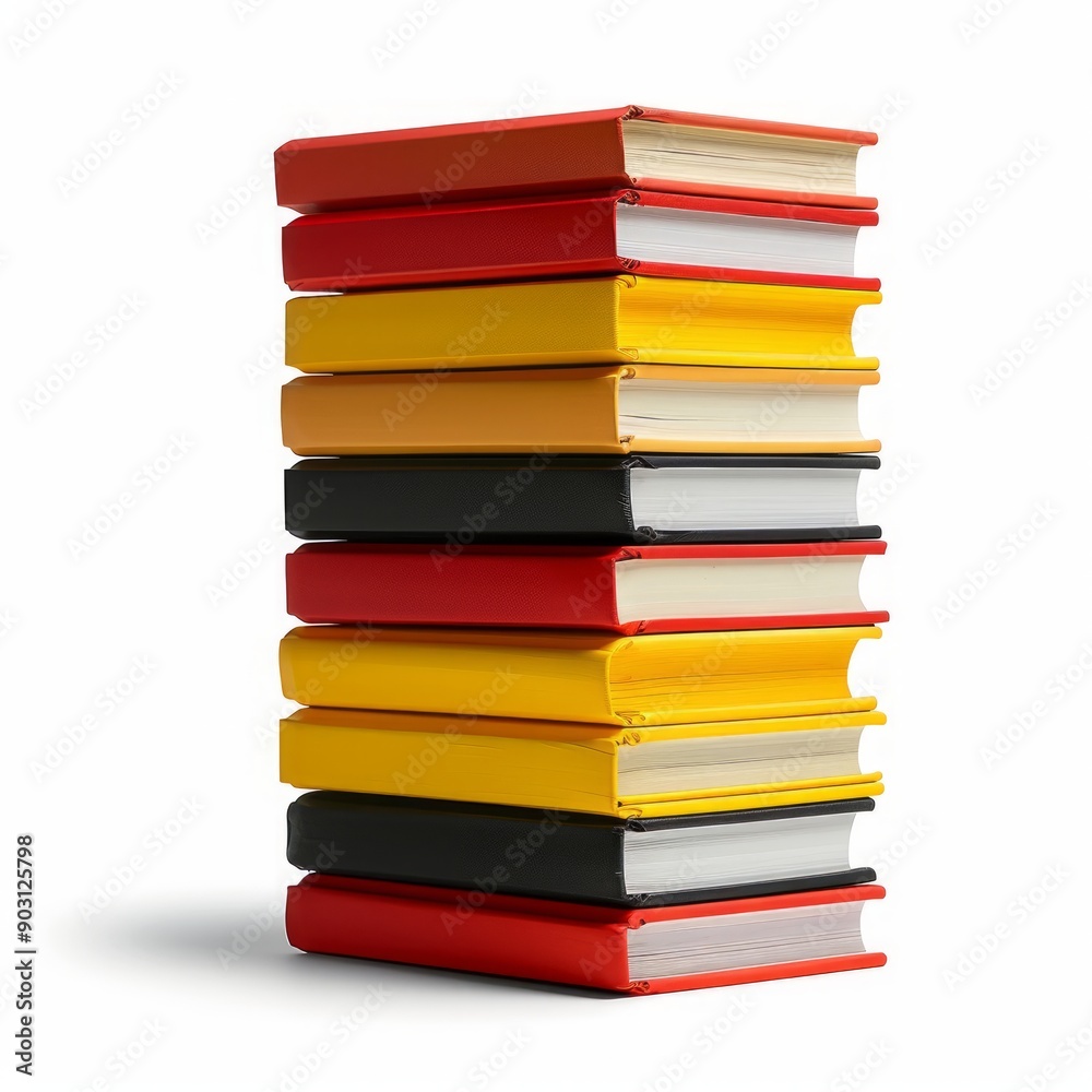 Fototapeta premium Medium shot of solid color book stack, isolated on a white background, bright and vivid tonality 