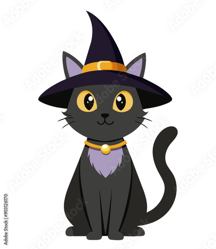 Cute black cat in a witch hat isolated on white. Cartoon vector illustration.