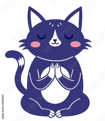 Hand drawn cute cat praying or meditating with closed eyes. Cartoon vector illustration.