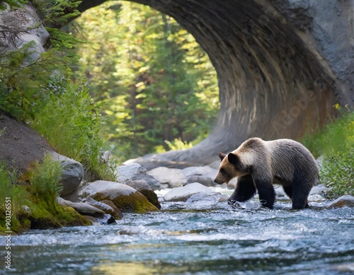 a bear walking in a stream. sunwapta river flowing through tunnel photo