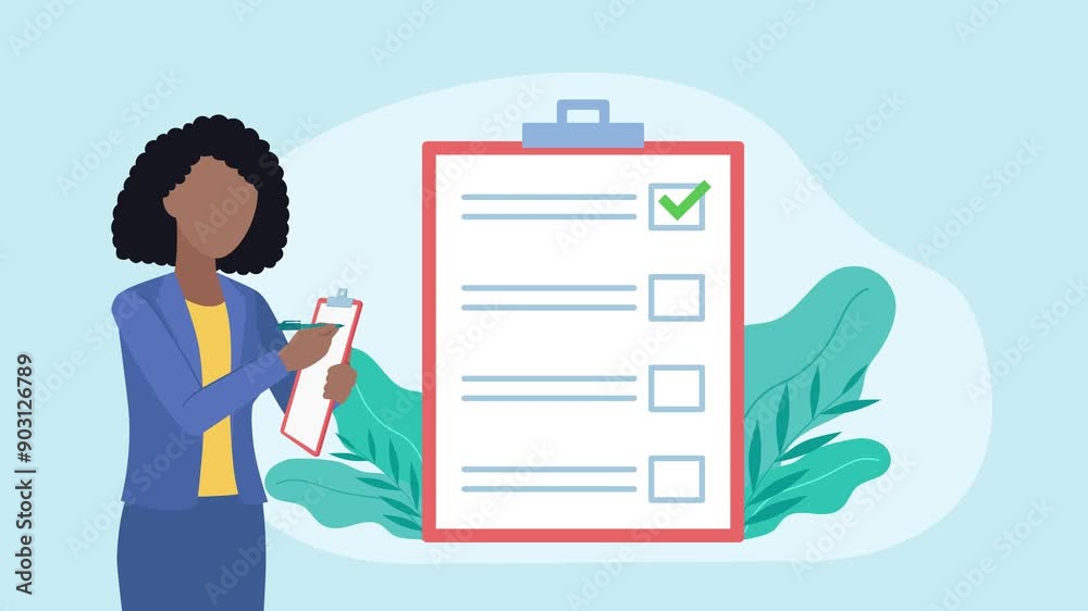 A businesswoman fills out a survey. All checkmarks are correct, marked in green. There is a medal icon above the notebook. Flat design Animation. A businesswoman fills out a survey. All checkmarks are correct, marked in green. There is a medal icon above the notebook. Flat design Animation.