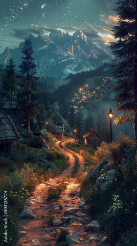coniferous forest on a hill near the path through the meadow in mountainous rural landscape at night