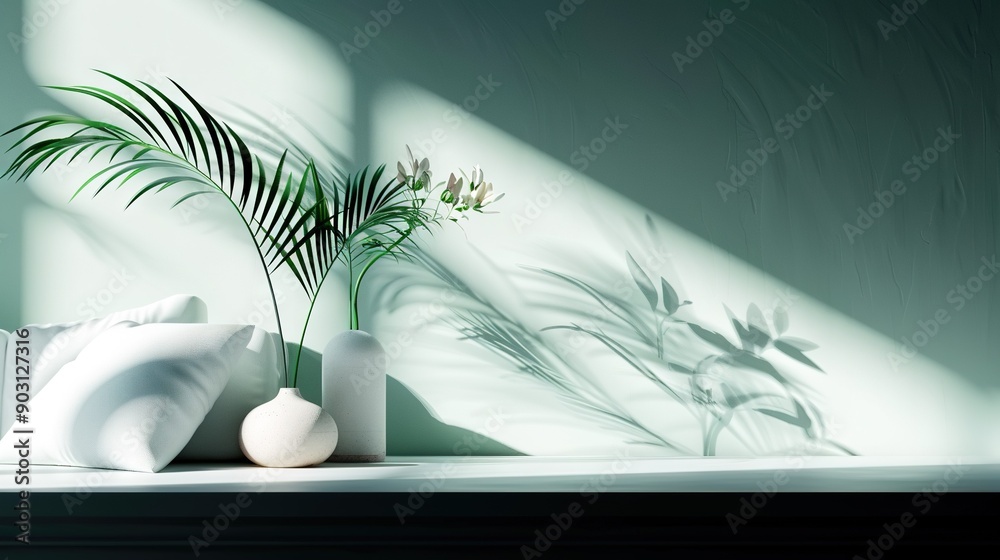 A pair of white vases on a table with a plant and view of the window A pair of white vases on a table with a plant and view of the window