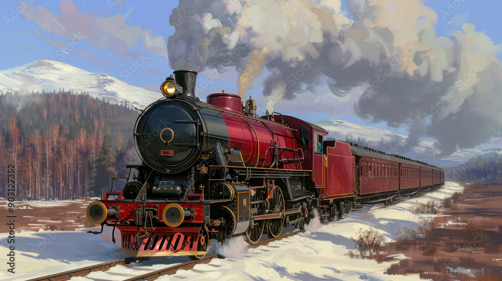 Obraz premium A vintage steam train travels through a snowy landscape, showcasing classic design and majestic scenery.