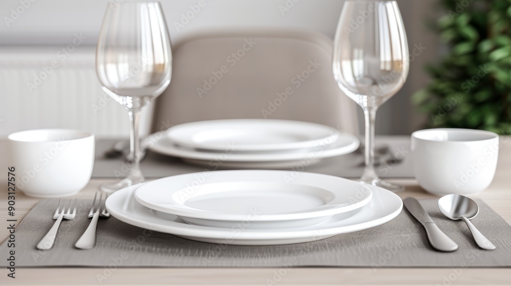 A detailed shot of a dining table set for dinner, with plates, silverware, and wine glasses, with copy space, high-resolution photo, realistic photo A detailed shot of a dining table set for dinner, with plates, silverware, and wine glasses, with copy space, high-resolution photo, realistic photo