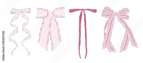 Set of four vintage pink bows with different ribbon styles isolated on a white background. Vector illustration of cute girly hair accessory