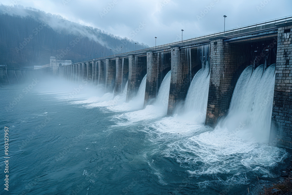 A large dam with water flowing through turbines, generating hydroelectric power A large dam with water flowing through turbines, generating hydroelectric power