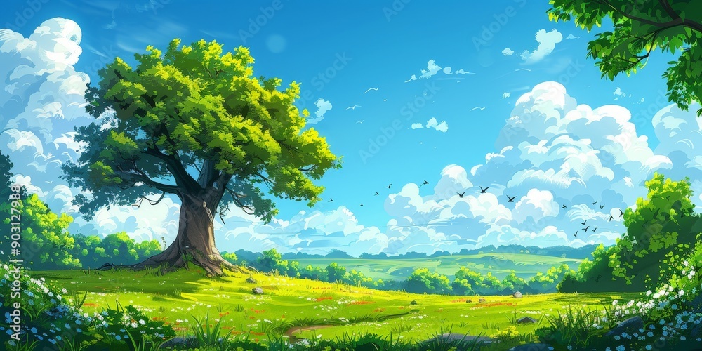 Serene Cartoon Nature Scene with Lush Greenery Serene Cartoon Nature Scene with Lush Greenery