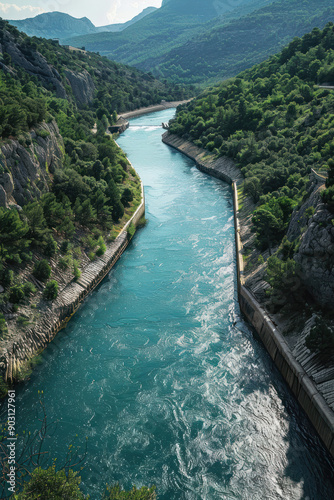 Aerial view of a river with a hydropower station, illustrating renewable energy