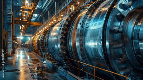 Closeup of turbines inside a hydropower plant, showing the mechanics of energy generation photo