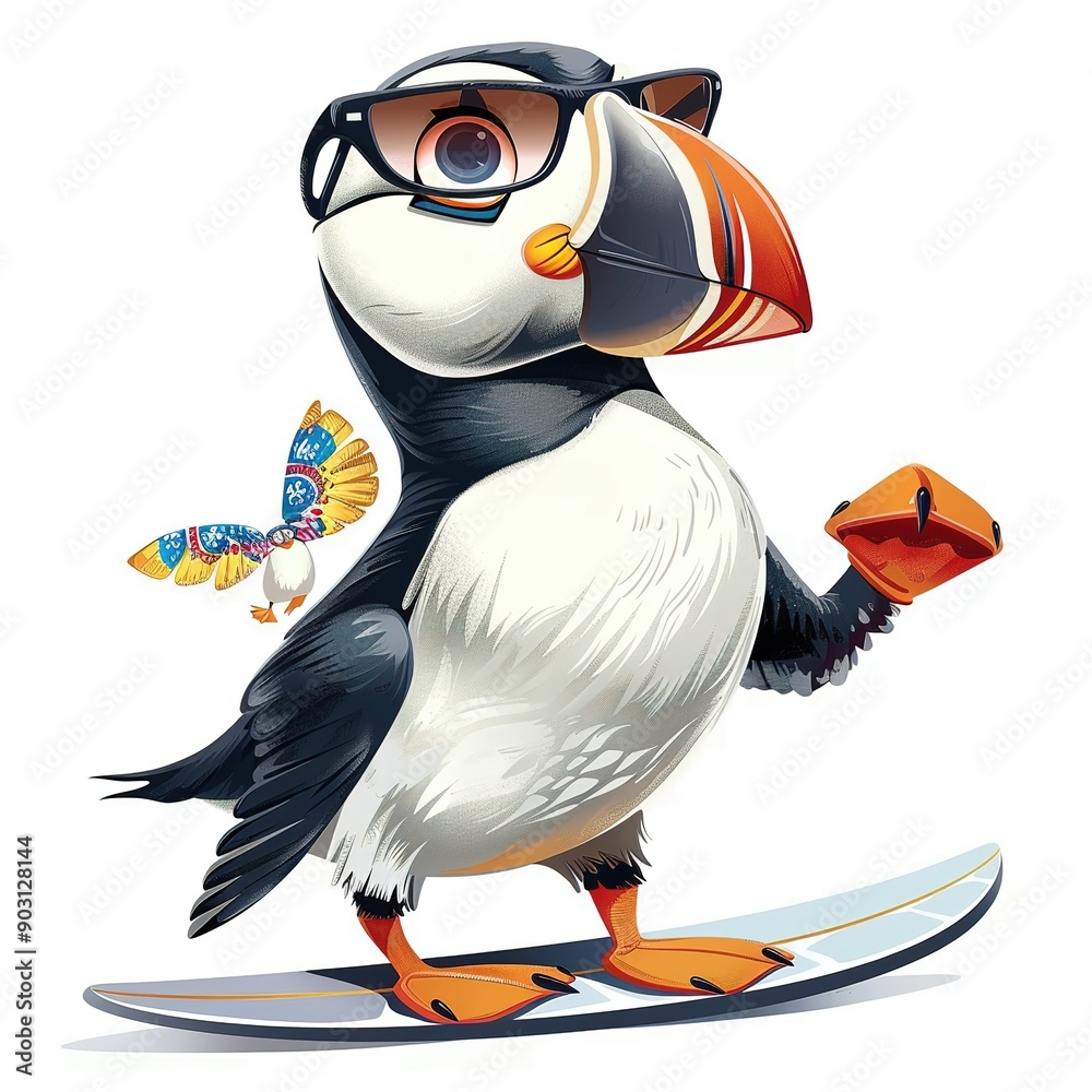 Obraz premium Puffin Surfer Style animal fashion cartoon isolated whitebackground 16:9