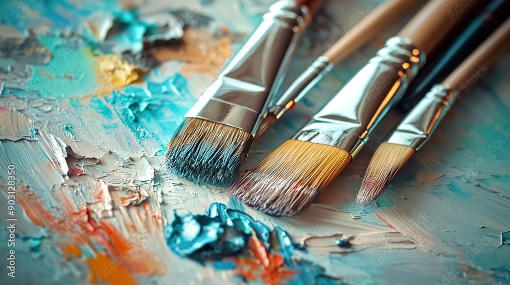 Fototapeta premium A close-up of paintbrushes and palette, with the background blurred to emphasize their texture and use in art creation. 