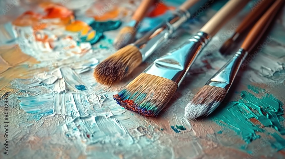 Fototapeta premium A close-up of paintbrushes and palette, with the background blurred to emphasize their texture and use in art creation.