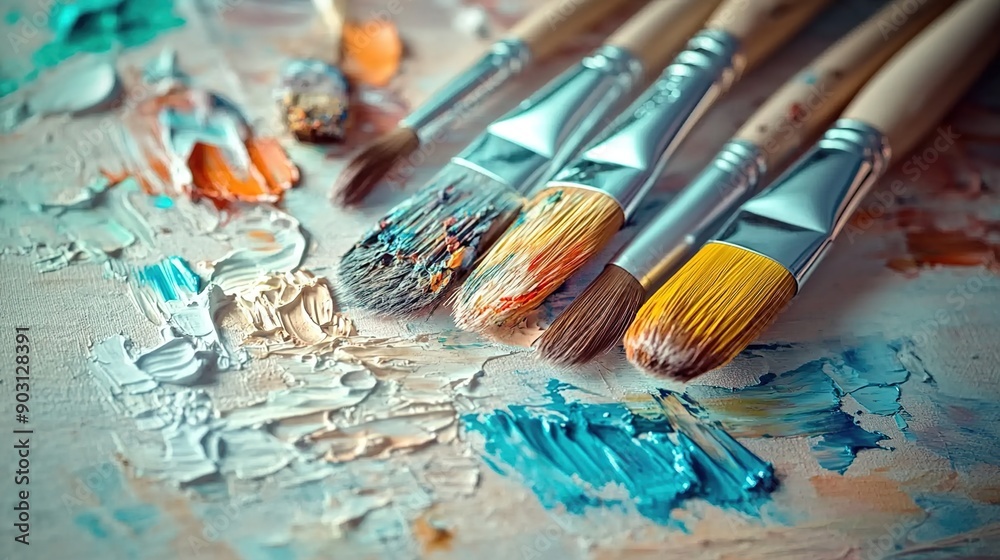 A close-up of paintbrushes and palette, with the background blurred to emphasize their texture and use in art creation. A close-up of paintbrushes and palette, with the background blurred to emphasize their texture and use in art creation.