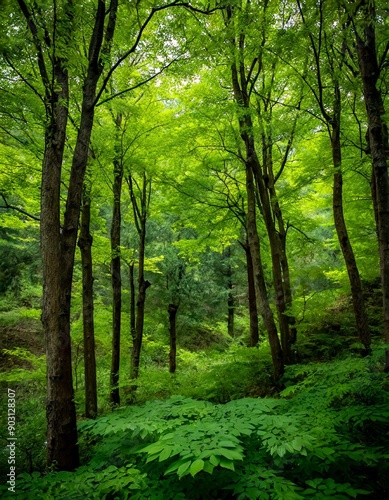 A deep forest with dazzling fresh green leaves