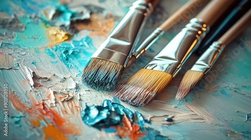 A close-up of paintbrushes and palette, with the background blurred to emphasize their texture and use in art creation. 