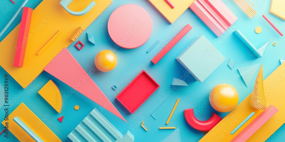 Colorful geometric shapes on teal background. A modern, vibrant composition of 3D shapes, ideal for design inspiration and contemporary graphic projects. Great for digital and print media. Colorful geometric shapes on teal background. A modern, vibrant composition of 3D shapes, ideal for design inspiration and contemporary graphic projects. Great for digital and print media.