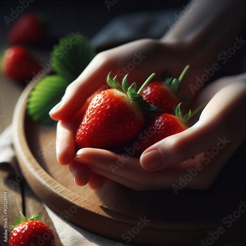 strawberries in hands, macro photo