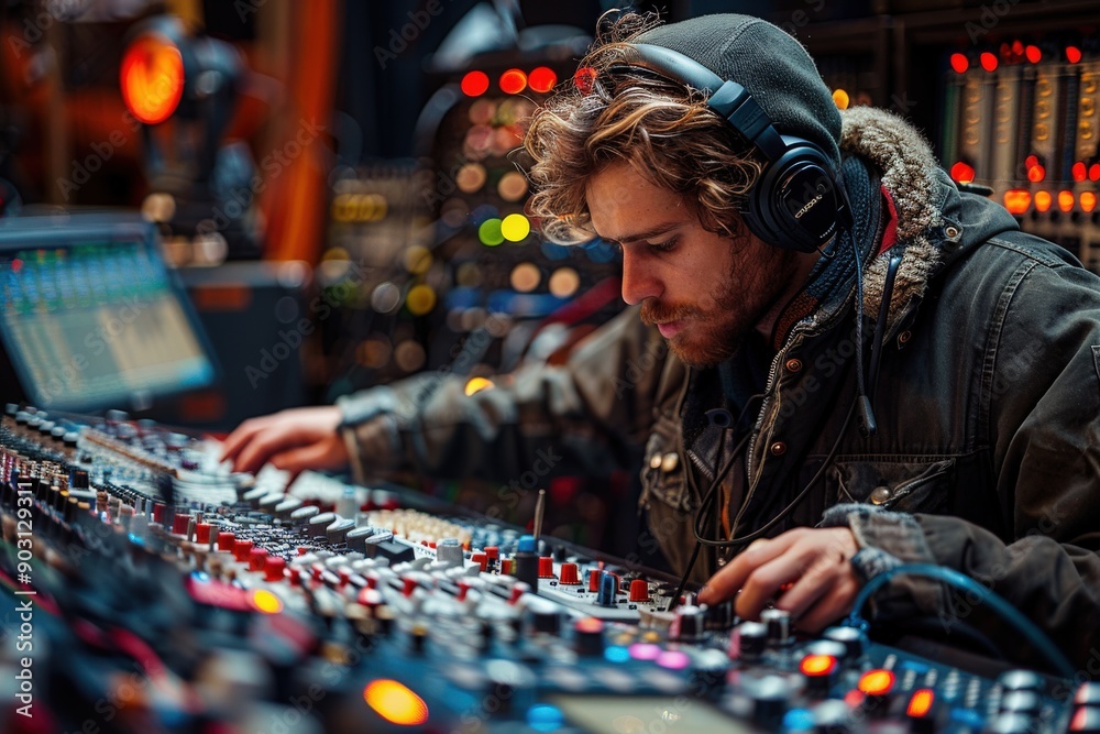 An audio engineer is focused on adjusting the settings on a state-of ...