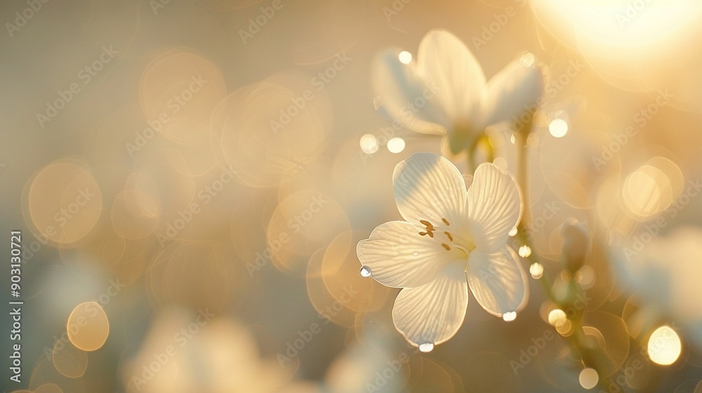 A photo of a white flower with water droplets on its petals and a blurred backdrop A photo of a white flower with water droplets on its petals and a blurred backdrop