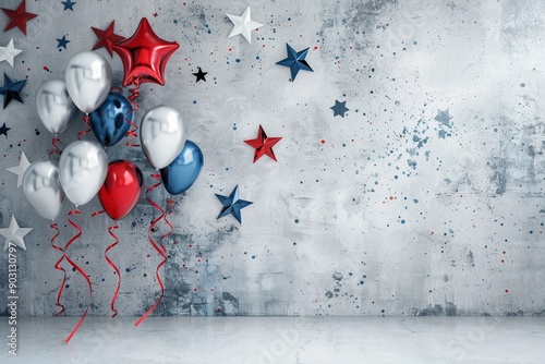 white room with decroative blue and white baloons and stars photo