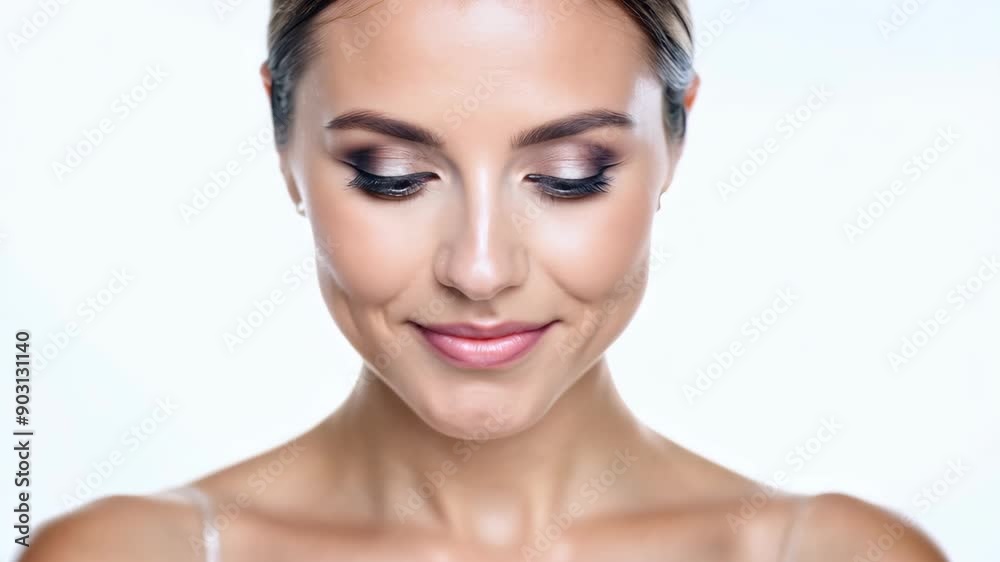 lose-up of a woman with bright blue eyes and a radiant smile against a white background. lose-up of a woman with bright blue eyes and a radiant smile against a white background.