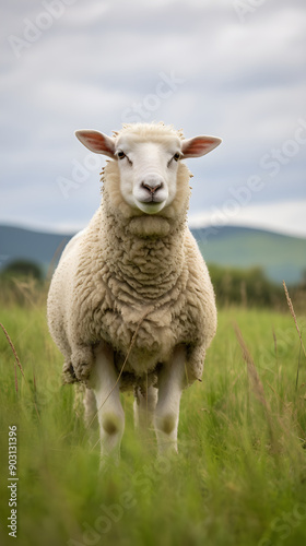 Captivating Portrait of a Grazing Ewe Basking in the Serene Grandeur of the Countryside