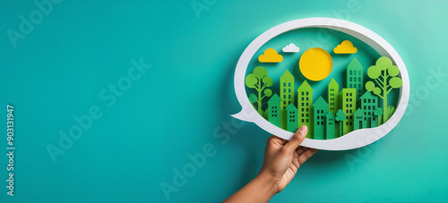 Concept environnement ville verte, isolé sur fond bleu, espace vide pour du texte