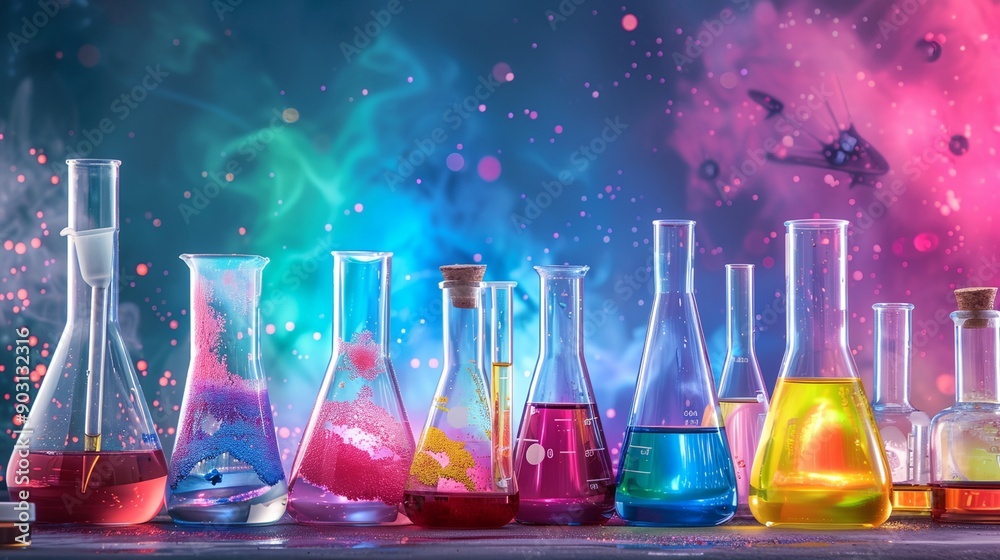 a row of colorful flasks filled with liquid a row of colorful flasks filled with liquid