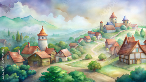 Watercolor painting of village with church and houses. Sky is cloudy and mountains are in background. Painting has peaceful and serene mood. Background for game