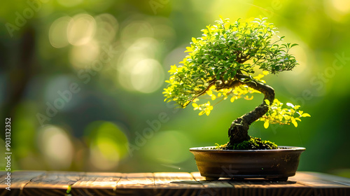 A Bonsai tree. the bonsai is placed on top of a wooden table with a green background 