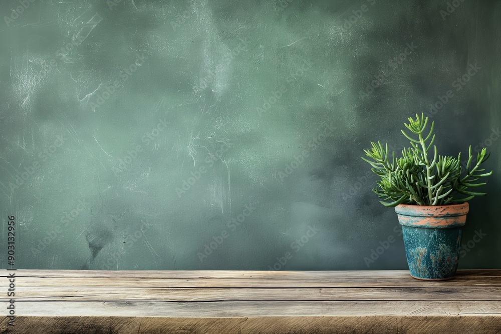 A succulent plant in a pot on an old wooden table against a textured green wall, combining rustic and fresh elements.