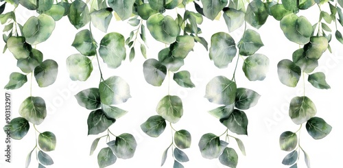 This watercolor illustration shows eucalyptus leaves on a branch on a white background for a nature and wellness theme © Avve Diana