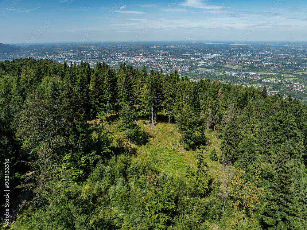 Stunning Aerial Drone View of Summer Green Forests in the Beskid Mountains, Bielsko Biala, Magurka Wilkowicka. Beskid summer mountains panorama. Stunning Aerial Drone View of Summer Green Forests in the Beskid Mountains, Bielsko Biala, Magurka Wilkowicka. Beskid summer mountains panorama.