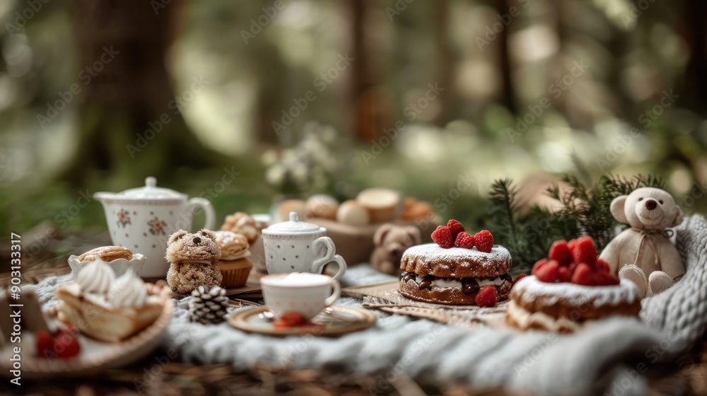 An elegant picnic setup is beautifully arranged in a forest, featuring a variety of delightful desserts. The centerpiece includes cakes, macarons, and tea, creating a perfect scenic moment. An elegant picnic setup is beautifully arranged in a forest, featuring a variety of delightful desserts. The centerpiece includes cakes, macarons, and tea, creating a perfect scenic moment.