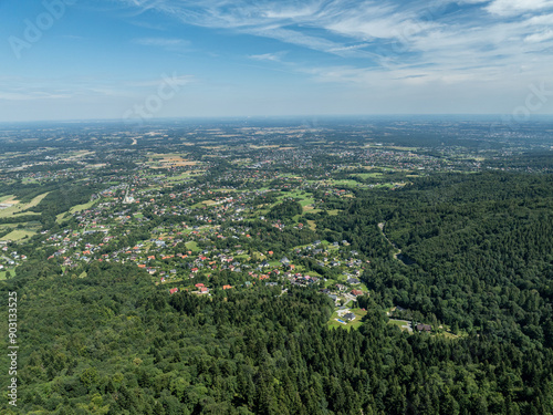 Stunning Aerial Drone View of Summer Green Forests in the Beskid Mountains, Bielsko Biala, Magurka Wilkowicka. Beskid summer mountains panorama.