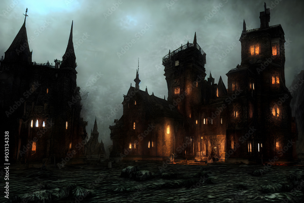 Naklejka premium grim and dark medieval gothic castle inner yard, neural network generated art. Digitally generated image. Not based on any actual scene or pattern.