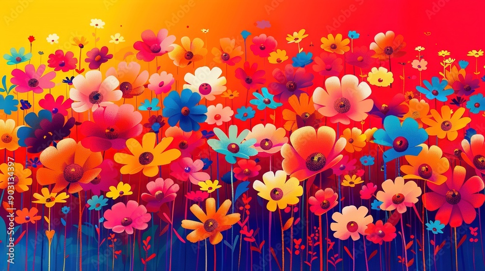 A vibrant field of multi-colored flowers set against a backdrop of rich hues - red, yellow, blue, and pink - with a stunning rainbow sky overhead A vibrant field of multi-colored flowers set against a backdrop of rich hues - red, yellow, blue, and pink - with a stunning rainbow sky overhead