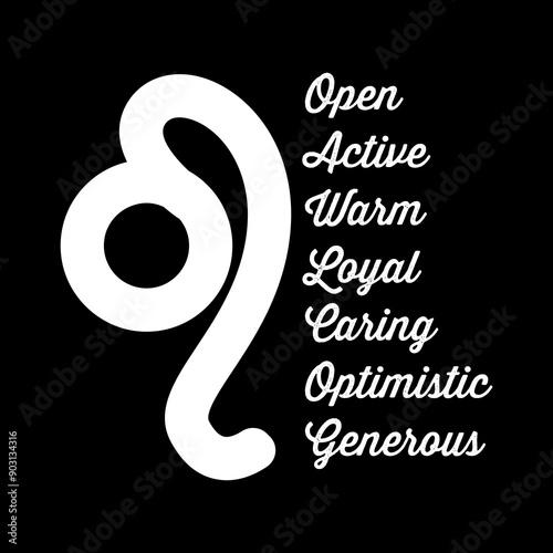 Leo Open Active Warm Loyal Caring Optimistic Generous Zodiac Astrology Horoscope sign vector art design