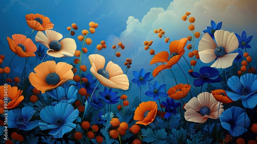   A painting of blue, orange, and white flowers on a blue background with a blue sky