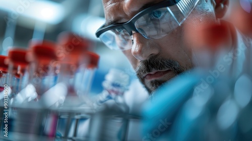 A chemist, wearing gloves, is examining red liquid samples in test tubes, diligently focusing on identifying chemical properties and conducting thorough scientific research.
