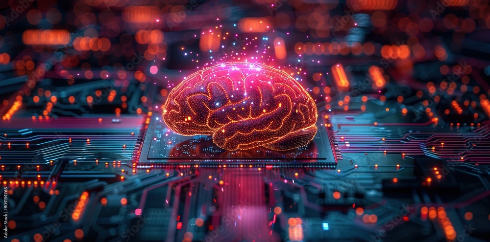 3d render of human brain on top the circuit board with chip and digital technology concept, 3d render of human brain on top the circuit board with chip and digital technology concept,