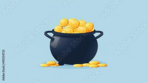 A vibrant illustration of a black pot overflowing with golden coins, symbolizing wealth and prosperity.